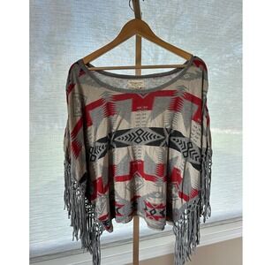 Fringe Poncho Top Southwestern Tribal Aztec Red Gray Knit Bohemian Cover Up